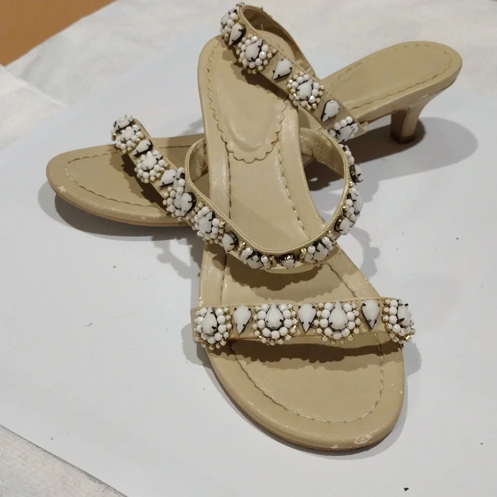 2 For 8 Dollar Sale Chic And Stylish,Beige 2 in heel embossed With Stone Sandal - Picture 1 of 6